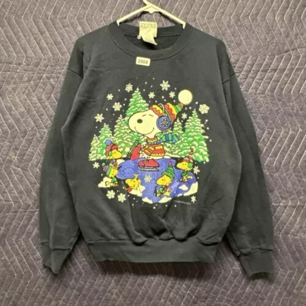 Vintage Peanuts Sweater Adult Large Blue Mens Pullover Snoopy Graphic Print 80's
